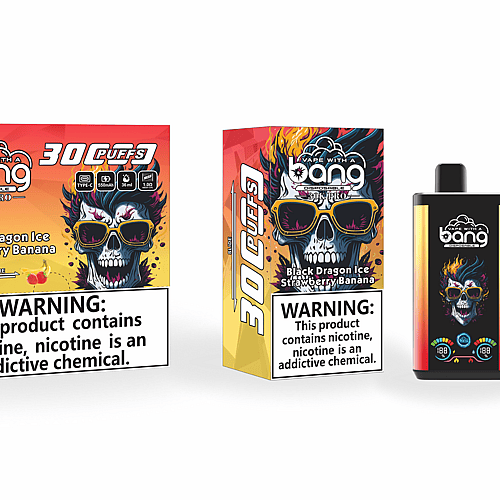 Confezione e dispositivo per svapare "Vape With a Bang" raffiguranti un teschio colorato che indossa occhiali da sole, la scritta "30K Puffs" con aroma "Black Dragon Ice Strawberry Banana" e un'etichetta di avvertenza sulla dipendenza da nicotina.
