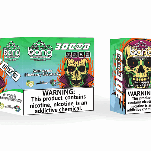 Embalagem do vaporizador descartável Bang com caveira temática de Halloween, texto indicando 30 tragadas e sabor Maçã Azeda, Mirtilo e Framboesa. O rótulo de advertência sobre dependência de nicotina está em destaque.