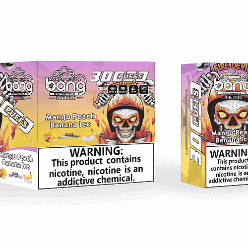 Embalagem de um produto para vaporizador chamado "Bang 30K Pro", com um design de caveira "Fire Devil", com sabor "Manga Pêssego Banana Gelado", incluindo um aviso de saúde sobre o vício em nicotina.