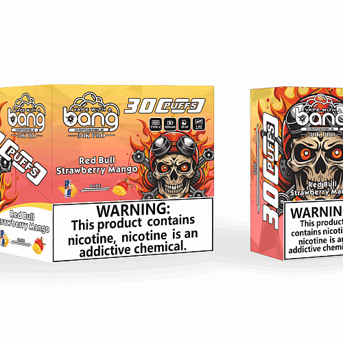 Embalagem para o vaporizador descartável "Bang" com modelo 30K Pro, sabor Red Bull Morango Manga. O design inclui uma caveira com óculos e chamas, além de detalhes do produto e um rótulo de advertência sobre nicotina.