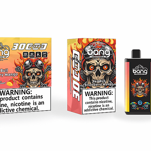 Confezione per vaporizzatore monouso "Bang" con modello 30K Pro, aroma Red Bull Strawberry Mango. Il design include un teschio con occhiali e fiamme, insieme a dettagli del prodotto e un'etichetta di avvertenza sulla nicotina.