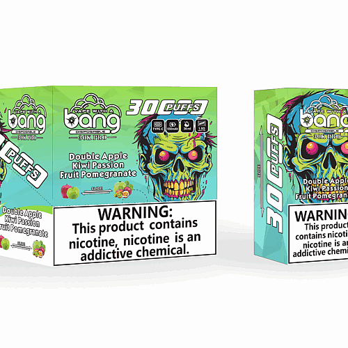 Embalagem do vaporizador Bang Disposable 30K Pro, com uma ilustração colorida de caveira. O sabor é "Duplo Maçã Kiwi Maracujá Romã" com um aviso: "Este produto contém nicotina, a nicotina é uma substância química que causa dependência."