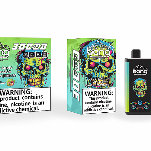 Confezione per Bang Disposable 30K Pro vape, con un'illustrazione colorata di un teschio. Il sapore è "Double Apple Kiwi Passion Fruit Pomegranate" con un avviso: "Questo prodotto contiene nicotina, la nicotina è una sostanza chimica che crea dipendenza".
