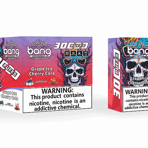 Embalagem de um vape descartável da marca "Bang" com uma caveira colorida com cabelo flamejante e óculos de sol, rotulada "Grape Ice Cherry Cola", com avisos sobre nicotina.