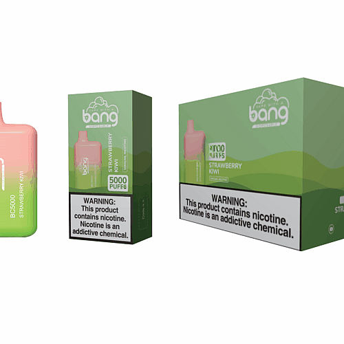 Vape descartável Bang BC5000 sabor morango e kiwi, com embalagem, 5.000 tragadas e rótulo de advertência de nicotina.