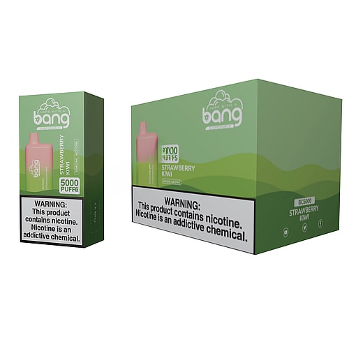 Sigaretta elettronica usa e getta Bang BC5000 al gusto di fragola e kiwi, con confezione contenente 5000 boccate e un'etichetta di avvertenza sulla nicotina.