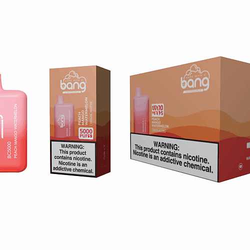 Dispositivo vape descartável Bang BC5000 com sabor pêssego, manga e melancia, capacidade para 5.000 tragadas e embalagem com aviso sobre dependência de nicotina.