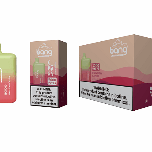 Um dispositivo de vaporização com gradiente verde e vermelho com a etiqueta "bang BC5000 Rainbow Candy" ao lado da embalagem, que exibe o mesmo dispositivo e o mesmo texto. A caixa inclui um aviso sobre o vício em nicotina.