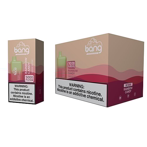 Un dispositivo per svapare a gradiente verde e rosso etichettato "bang BC5000 Rainbow Candy" accanto alla confezione, che mostra lo stesso dispositivo e testo. La scatola include un avviso sulla dipendenza da nicotina.