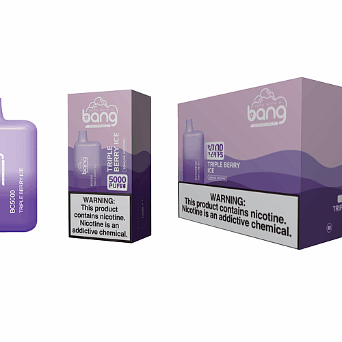 Um dispositivo vape descartável roxo com o rótulo "Bang BC5000 Triple Berry Ice" ao lado da embalagem correspondente, que inclui um aviso sobre a nicotina ser uma substância química viciante.