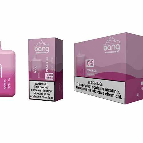 Vape descartável Bang BC5000 sabor Peach Ice com embalagem que destaca 5.000 tragadas e um aviso de nicotina dizendo "Este produto contém nicotina. A nicotina é uma substância química viciante".