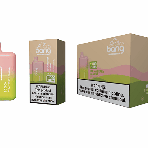 Dispositivo de vaporização descartável Bang e embalagem com sabor morango e banana, com "5000 tragadas" e um rótulo de advertência de nicotina na caixa.