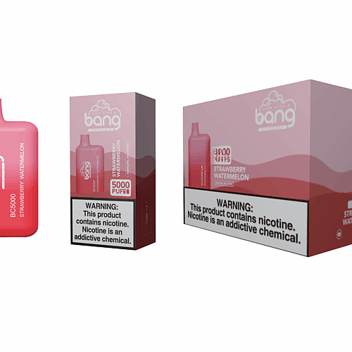 Um dispositivo vape rosa com a etiqueta "Bang BC5000 Morango Melancia" ao lado da embalagem correspondente, que também exibe o sabor e "5000 PUFFS". A embalagem inclui um aviso sobre nicotina.