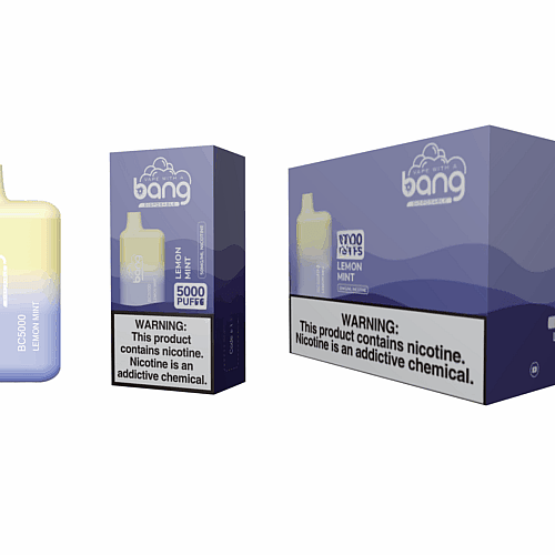 Vape descartável Bang BC5000 sabor limão e menta com 5.000 tragadas, mostrado junto com a embalagem exibindo o aviso de nicotina e a marca do produto.
