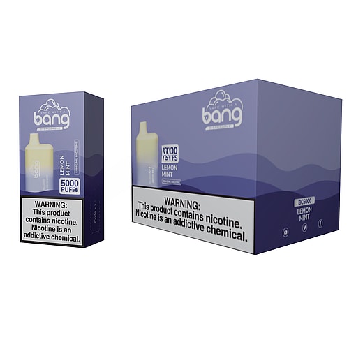 Sigaretta elettronica usa e getta Bang BC5000 al gusto di menta e limone con 5000 boccate, mostrata accanto alla confezione che riporta l'avvertenza sulla nicotina e il marchio del prodotto.
