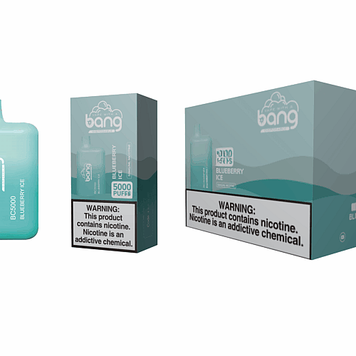 Vape descartável Bang BC5000 Blueberry Ice com 5.000 tragadas, exibido junto à embalagem, com um rótulo de advertência sobre a nicotina ser uma substância química viciante.