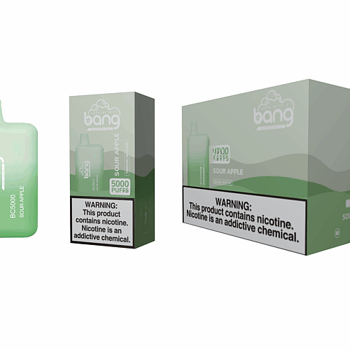 Um dispositivo de vaporização Bang BC5000 Sour Apple verde ao lado da embalagem e caixa, com um rótulo de advertência de nicotina.