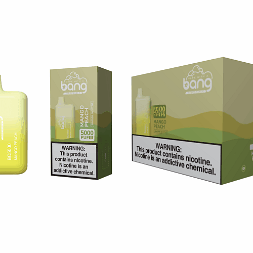 Dispositivo vape descartável Bang sabor manga pêssego, com embalagem contendo 5.000 tragadas e rótulo de advertência sobre dependência de nicotina.