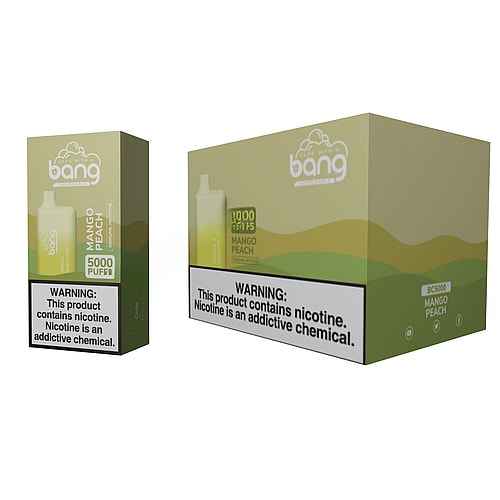Dispositivo di svapo monouso Bang al gusto di mango e pesca, con una confezione da 5000 boccate e un'etichetta di avvertenza sulla dipendenza da nicotina.