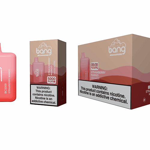 Vape descartável Bang BC5000 Strawberry Mango com embalagem, mostrando 5000 tragadas e rótulo de advertência de nicotina.