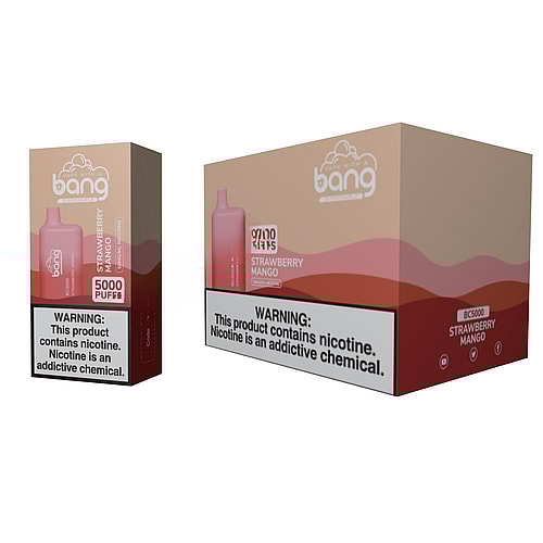 Sigaretta elettronica usa e getta Bang BC5000 Strawberry Mango con confezione che indica 5000 boccate ed etichetta di avvertenza sulla nicotina.