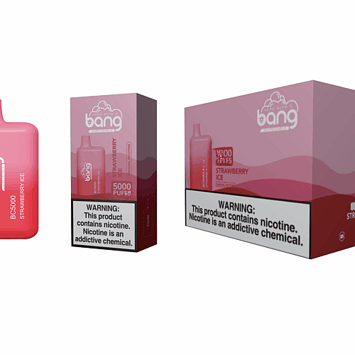 Dispositivo de vaporização Bang BC5000 Strawberry Ice, mostrado junto com sua embalagem, apresentando um design gradiente rosa e vermelho com um rótulo de advertência de nicotina.