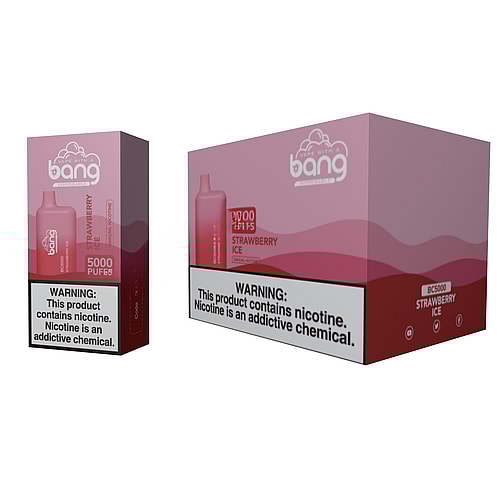 Dispositivo per svapare Bang BC5000 Strawberry Ice, mostrato insieme alla confezione, con un design sfumato rosa e rosso e un'etichetta di avvertenza sulla nicotina.