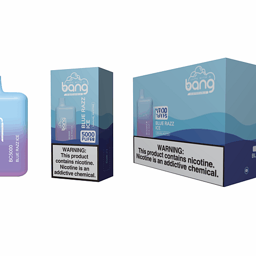 Dispositivo de vaporização Bang BC5000 Blue Razz Ice e embalagem com um rótulo de advertência informando que o produto contém nicotina, uma substância química viciante.