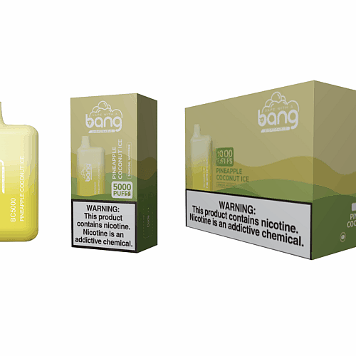 Vape descartável Bang BC5000 sabor Abacaxi e Coco com 5.000 tragadas, mostrado na embalagem. Inclui um rótulo de advertência sobre nicotina.