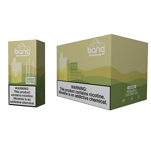 Bang BC5000 vape monouso al gusto Pineapple Coconut Ice con 5000 tiri, mostrato con la sua confezione. Include un'etichetta di avvertenza sulla nicotina.