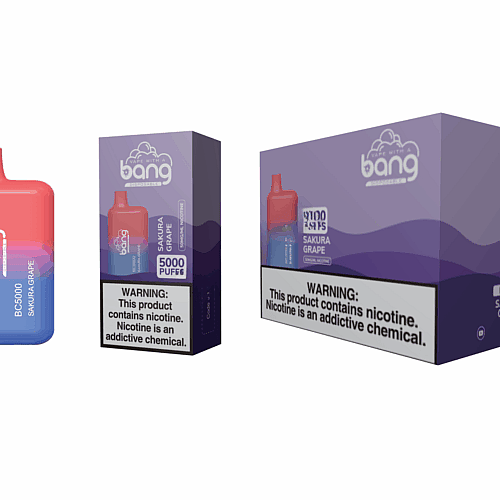 Vape Bang BC5000 com sabor Sakura Grape, oferecendo 5000 tragadas, com embalagem exibindo um design gradiente roxo e texto de advertência de nicotina.