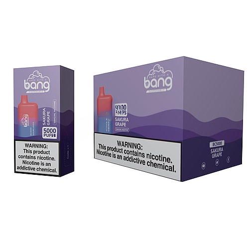 Bang BC5000 vape al gusto Sakura Grape, che offre 5000 boccate, con una confezione che presenta un design sfumato viola e un testo di avvertenza sulla nicotina.
