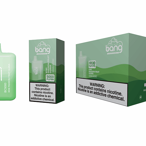Um dispositivo de vaporização verde rotulado como "Bang BC5000 Kiwi Passion Fruit Guava" ao lado da caixa de embalagem correspondente, exibindo a mesma marca e um aviso de nicotina.