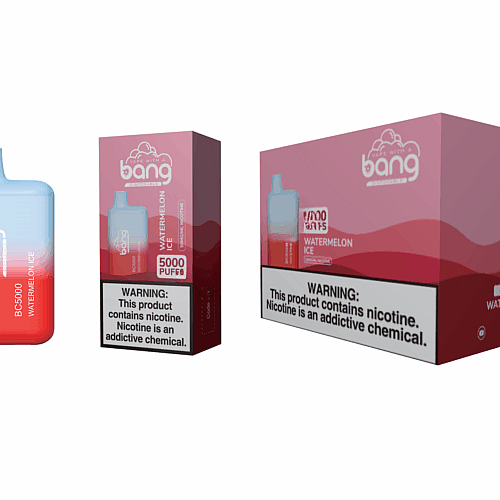 Dispositivo de vaporização descartável Bang BC5000 com sabor de melancia, mostrado com embalagem exibindo "5000 tragadas" e rótulo de advertência de nicotina.
