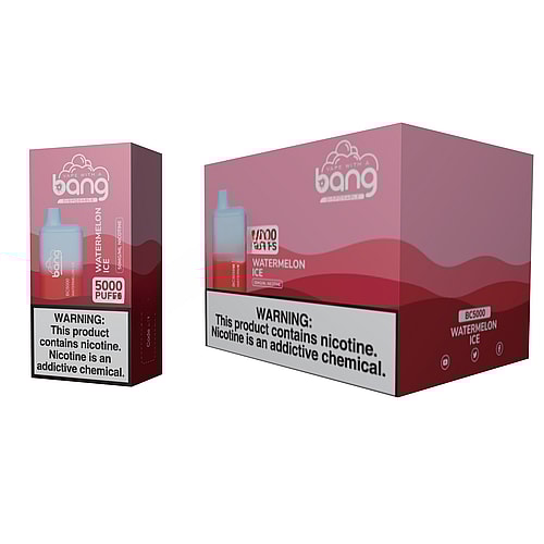 Dispositivo di svapo monouso Bang BC5000 al gusto di anguria ghiacciata, raffigurato con la confezione che riporta la dicitura "5000 boccate" e un'etichetta di avvertenza sulla nicotina.