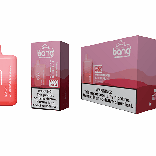 Um vape descartável rosa com o rótulo "Bang BC5000 Watermelon Bubble Gum" ao lado da embalagem e uma caixa de exposição maior, ambos com o mesmo design e um aviso de nicotina.