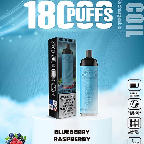 Dispositivo de vapeo desechable Bang con 18.000 bocanadas, sabor a arándano y frambuesa, batería de 650 mAh, flujo de aire ajustable, bobina de malla de 0,6 ohmios y recargable tipo C.