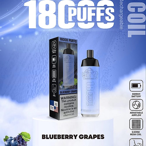 Envase de vape desechable con 18.000 bocanadas en sabor a uva y arándano, con batería recargable tipo C, resistencia de malla y 650 mAh.