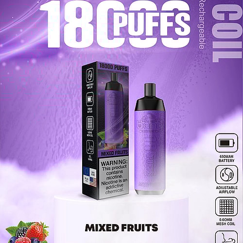 "Empaque de vaporizador morado con la marca 'Bang Disposable', publicidad de 18 000 bocanadas con sabor a frutas mixtas, batería de 650 mAh, flujo de aire ajustable, bobina de malla de 0,6 ohmios y capacidad de recarga tipo C".