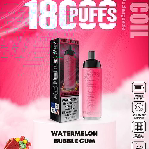 Imagen promocional del vaporizador desechable "Bang" con 18.000 bocanadas, con sabor a "Watermelon Bubble Gum", una batería recargable de 650 mAh, flujo de aire ajustable, bobina de malla de 0,6 ohmios y puerto de carga tipo C.
