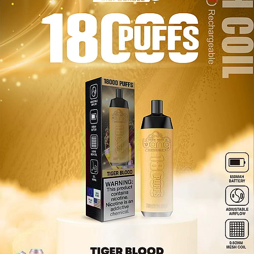 Un vaporizador desechable de color dorado etiquetado "Bang" con 18.000 bocanadas, sabor "Tiger Blood", batería de 650 mAh, flujo de aire ajustable, bobina de malla y advertencia de nicotina.