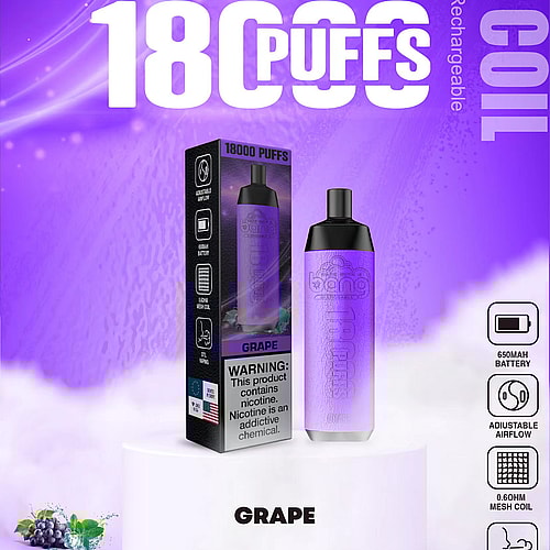 Dispositivo de vapeo desechable morado con la marca "Bang", que ofrece 18 000 bocanadas, sabor a uva, resistencia de malla, recargable a través de Type-C, batería de 650 mAh, flujo de aire ajustable y vapeo DTL. La etiqueta de advertencia indica que el producto contiene nicotina.