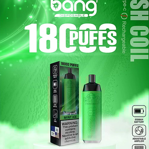 Embalaje de producto de vapeo para un vape desechable "Bang" con 18.000 bocanadas, sabor a hielo de menta, batería de 650 mAh, flujo de aire ajustable y bobina de malla de 0,6 ohmios.