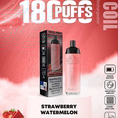 Embalaje de producto de vapeo que muestra un vaporizador desechable con sabor a sandía y fresa con 18 000 bocanadas, resistencia de malla, batería de 650 mAh, tipo C recargable y flujo de aire ajustable. La etiqueta de advertencia indica que el producto contiene nicotina.