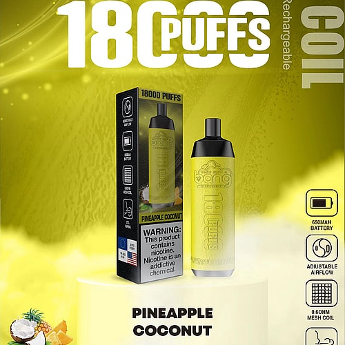 Vaporizador desechable Bang con sabor a piña y coco, que ofrece 18.000 bocanadas con una batería de 650 mAh, flujo de aire ajustable y bobina de malla de 0,6 Ω.