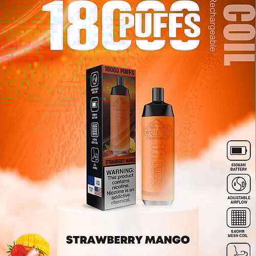 Dispositivo de vapeo desechable Bang, sabor a mango y fresa, 18.000 bocanadas, recargable con puerto tipo C, batería de 650 mAh, flujo de aire ajustable, bobina de malla de 0,6 ohmios, estilo de vapeo DTL.