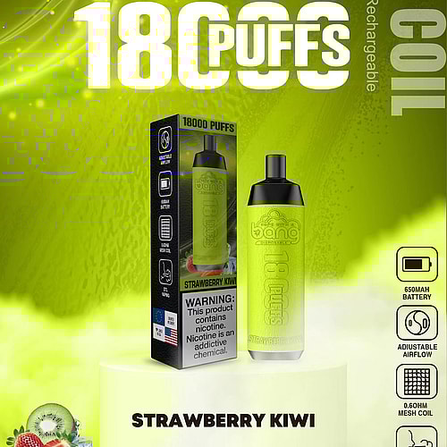 Embalaje de vape desechable Bang con 18.000 bocanadas, sabor a fresa y kiwi, batería recargable de 650 mAh, flujo de aire ajustable y bobina de malla de 0,6 ohmios.