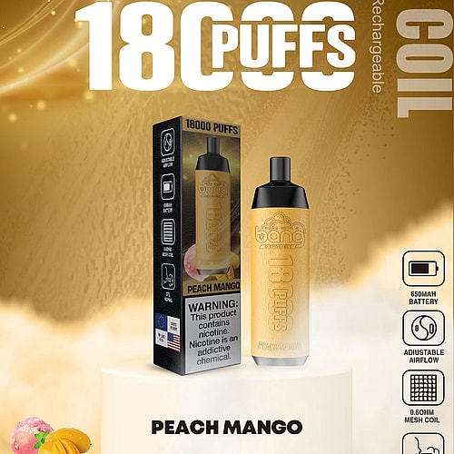Dispositivo de vapeo desechable Bang con sabor a mango y melocotón, que ofrece 18.000 bocanadas, cuenta con una batería de 650 mAh, flujo de aire ajustable, bobina de malla de 0,6 ohmios y funcionalidad recargable tipo C.