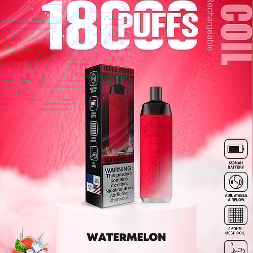 Un dispositivo de vapeo desechable rojo con la marca "Bang", con 18.000 bocanadas, sabor a sandía, bobina de malla, batería recargable tipo C de 650 mAh y flujo de aire ajustable.