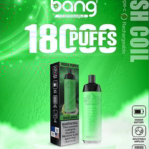 Anuncio de producto de vapeo para un dispositivo desechable con sabor a "manzana agria", que incluye "18 000 bocanadas", una batería de 650 mAh, flujo de aire ajustable, bobina de malla de 0,6 ohmios, capacidad de recarga tipo C y una etiqueta de advertencia de nicotina.